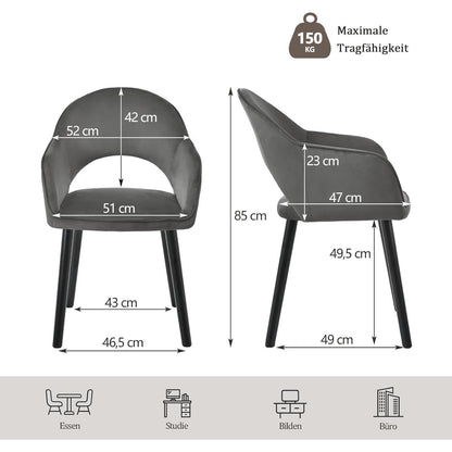 Samt Esszimmerstühle 6er Set Dunkelgrau mit Holzbeinen & Armlehnen