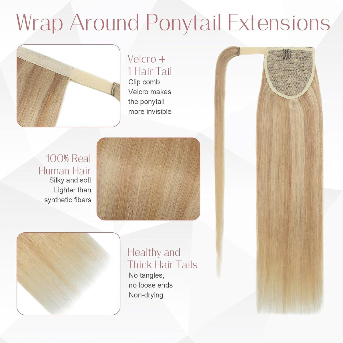 Echthaar Pferdeschwanz Extension – Aschblond & Blond, 50cm