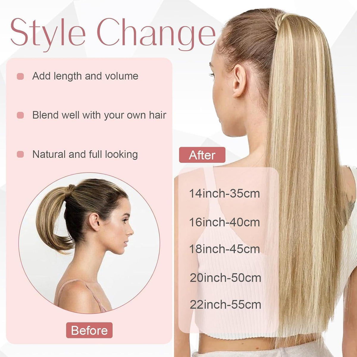 Echthaar Pferdeschwanz Extension – Aschblond & Blond, 50cm