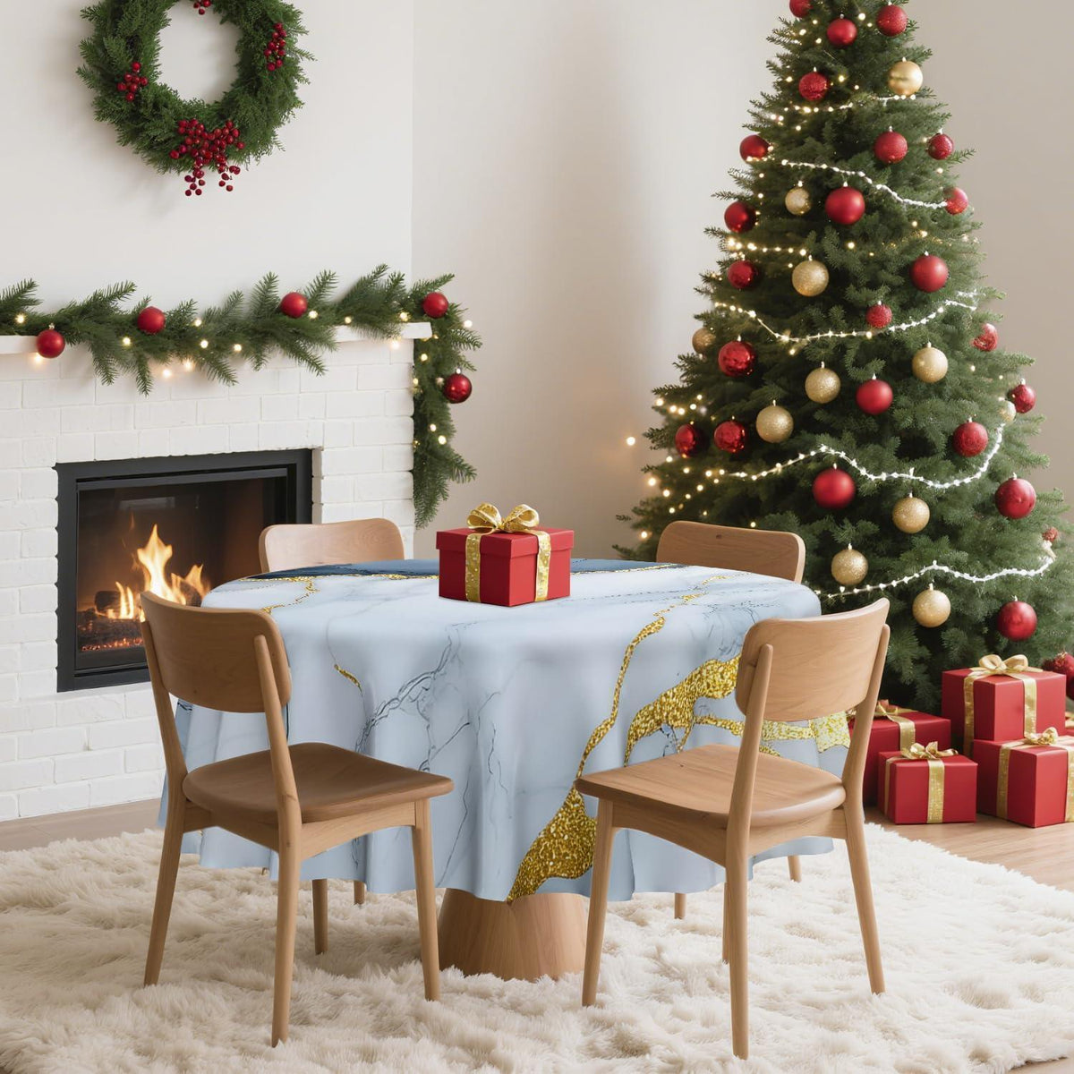 Runde Weihnachtliche Tischdecke 152 cm – Blauer Marmor Design