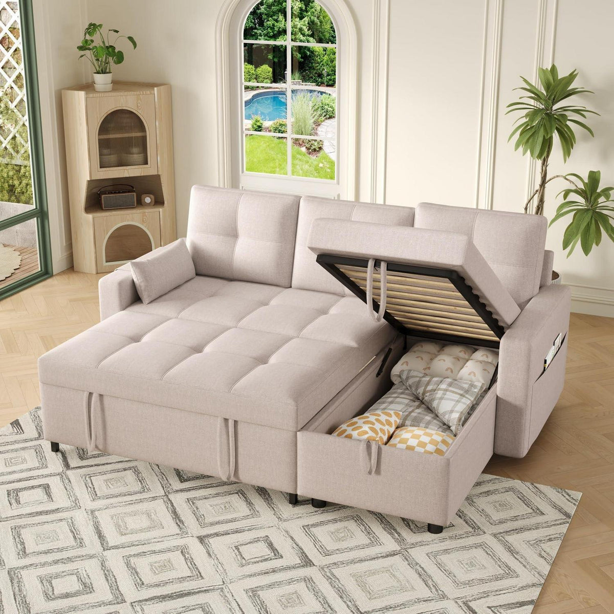 Modulares Schlafsofa L-Form mit Stauraum & Getränkehalter (Beige)
