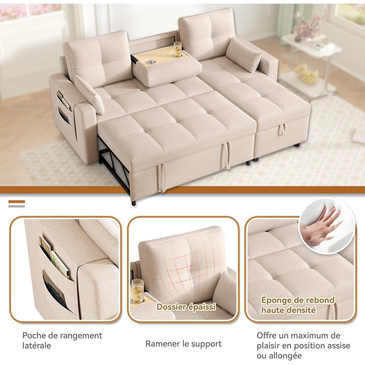 Modulares Schlafsofa L-Form mit Stauraum & Getränkehalter (Beige)