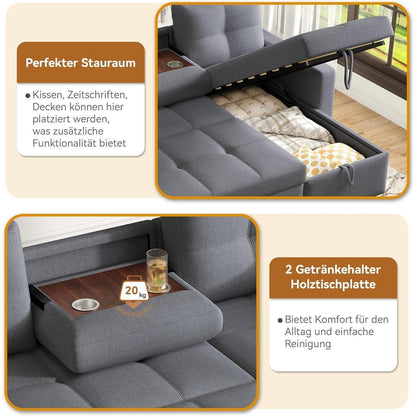 Modulares Schlafsofa mit Stauraum & Getränkehalter – Grau