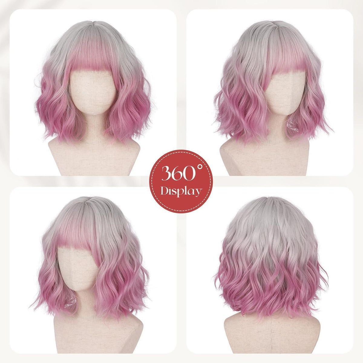 Rosa-Violette Bob Perücke mit Pony – 30cm Lockige Damenperücke