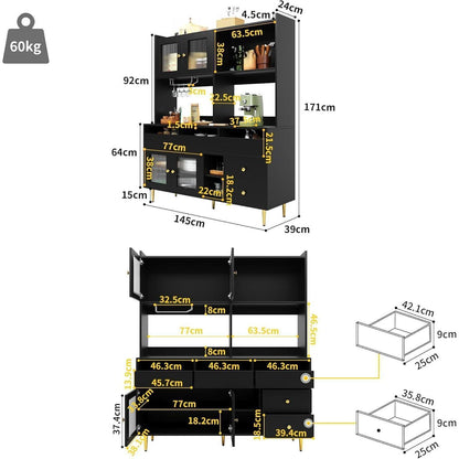 Küchenschrank mit Glastür & Weinregal, Schwarz, 171cm Highboard