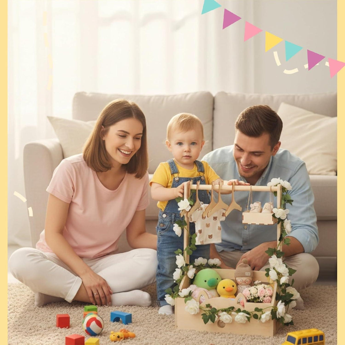 Baby Geschenkset Boho | Taufe & Babyparty Korb mit Kleiderbügel