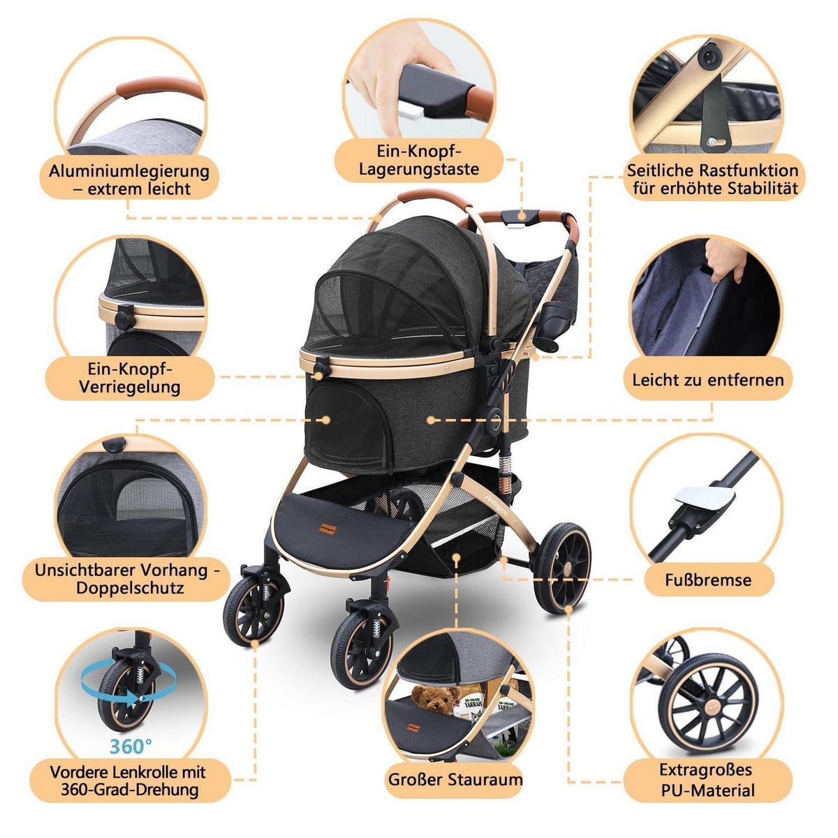Hundebuggy 3in1 – Schwarz, bis 30kg – Komfort & Sicherheit