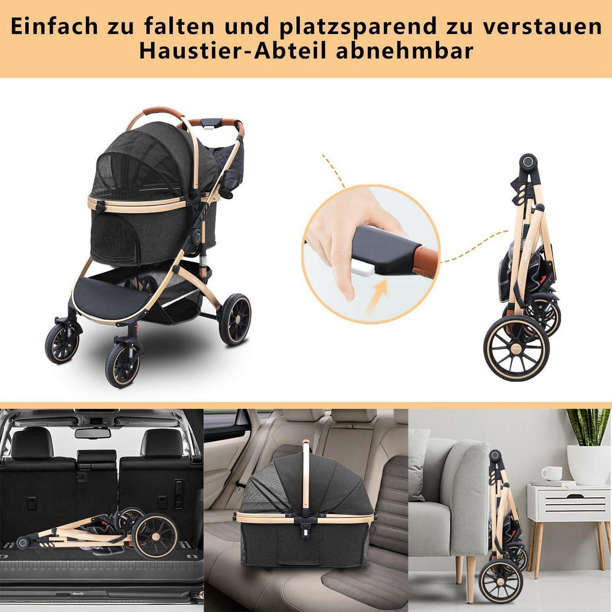 Hundebuggy 3in1 – Schwarz, bis 30kg – Komfort & Sicherheit