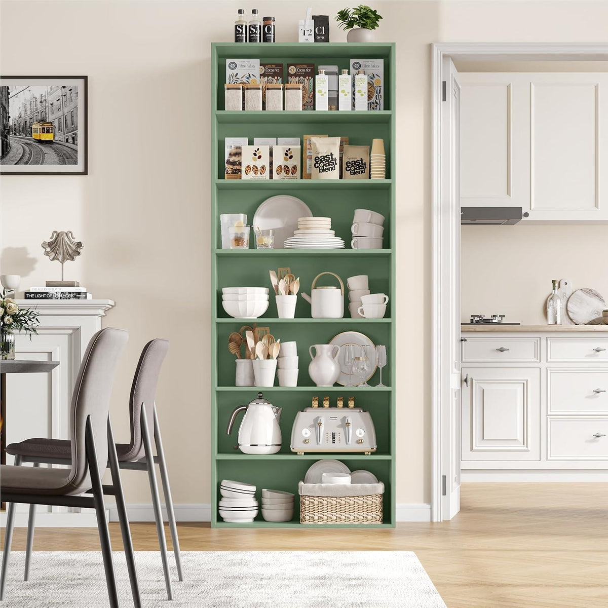 7-reihiges Bücherregal grün – Standregal für Wohnzimmer & Büro