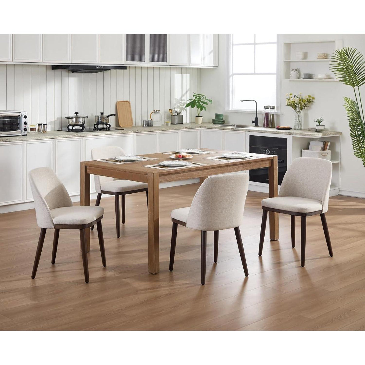 Esszimmerstühle 2er Set, Beige Leinen Polsterstuhl mit Holzbeinen