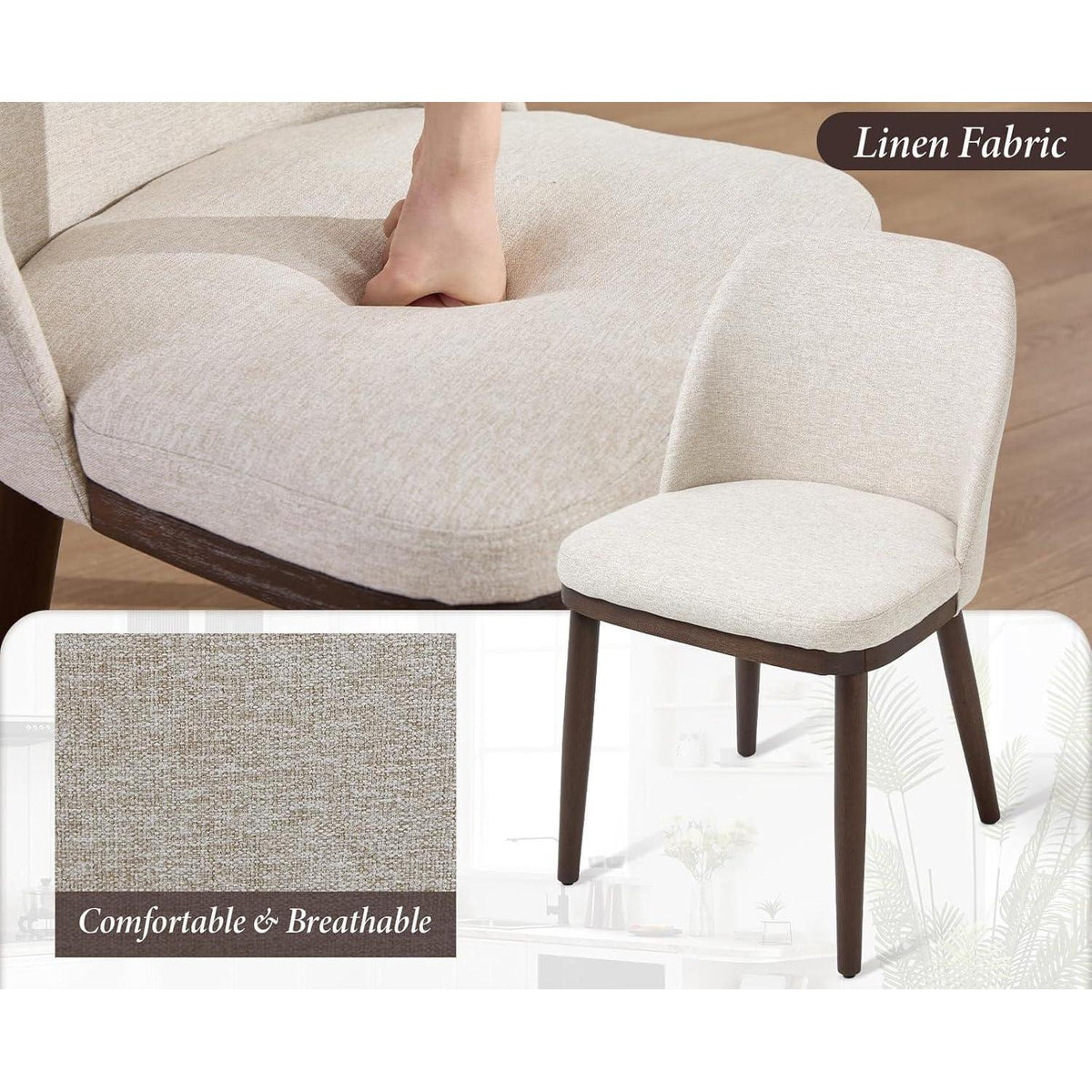 Esszimmerstühle Set 4 – Beige Leinen Polsterstuhl mit Holzbeinen