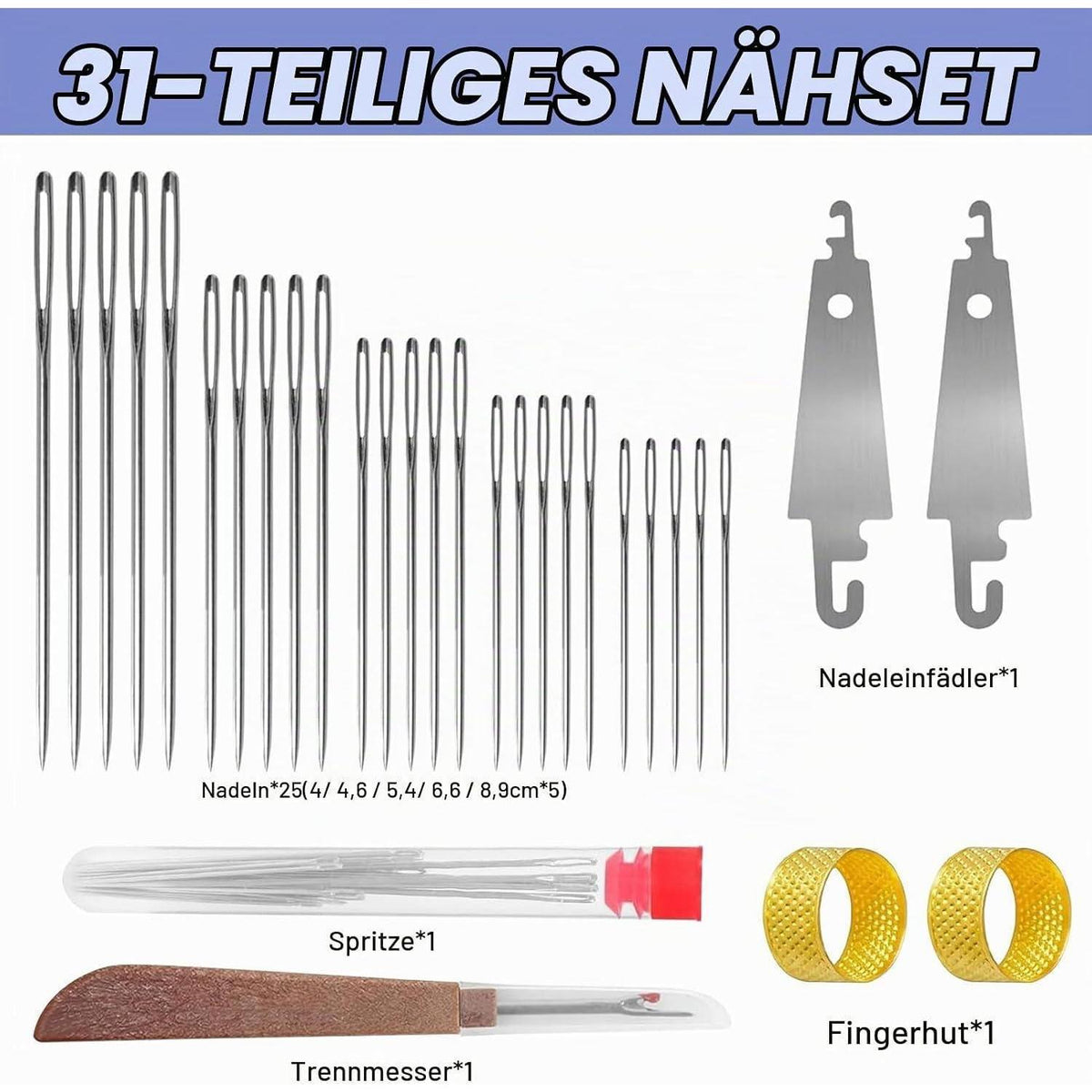 31-teiliges Nähset Stahl-Nadeln mit großem Öhr für Handarbeit