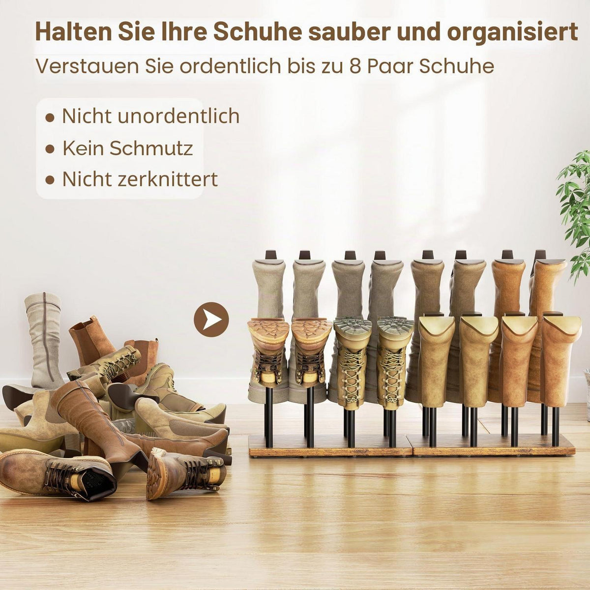 Platzsparendes Schuhregal für 8 Paar – Schwarz mit Zedernholz