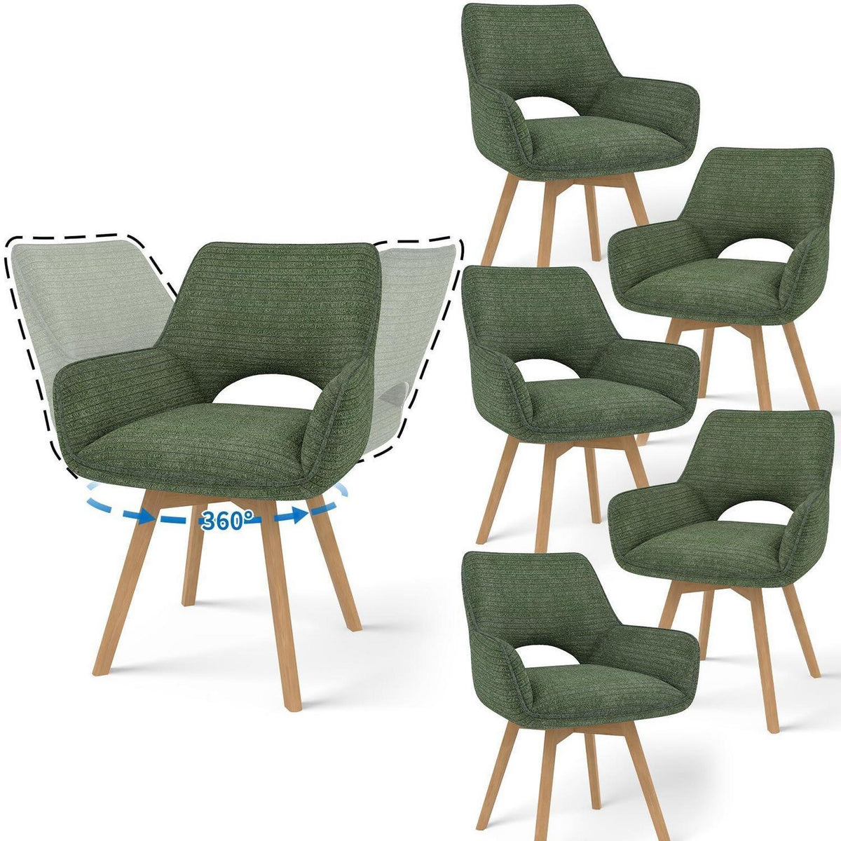Drehbarer Esszimmerstuhl Set (6x) – Grün mit Holzbeinen