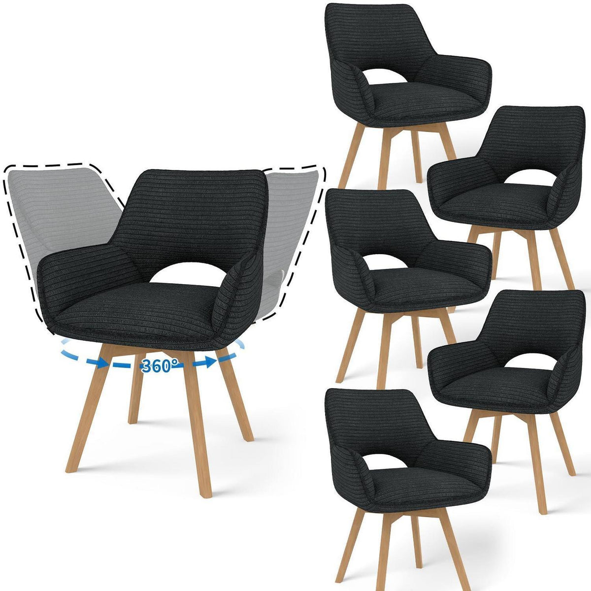 6er Set Drehbar Stühle | Modern & Komfortabel mit Holzbeinen Schwarz