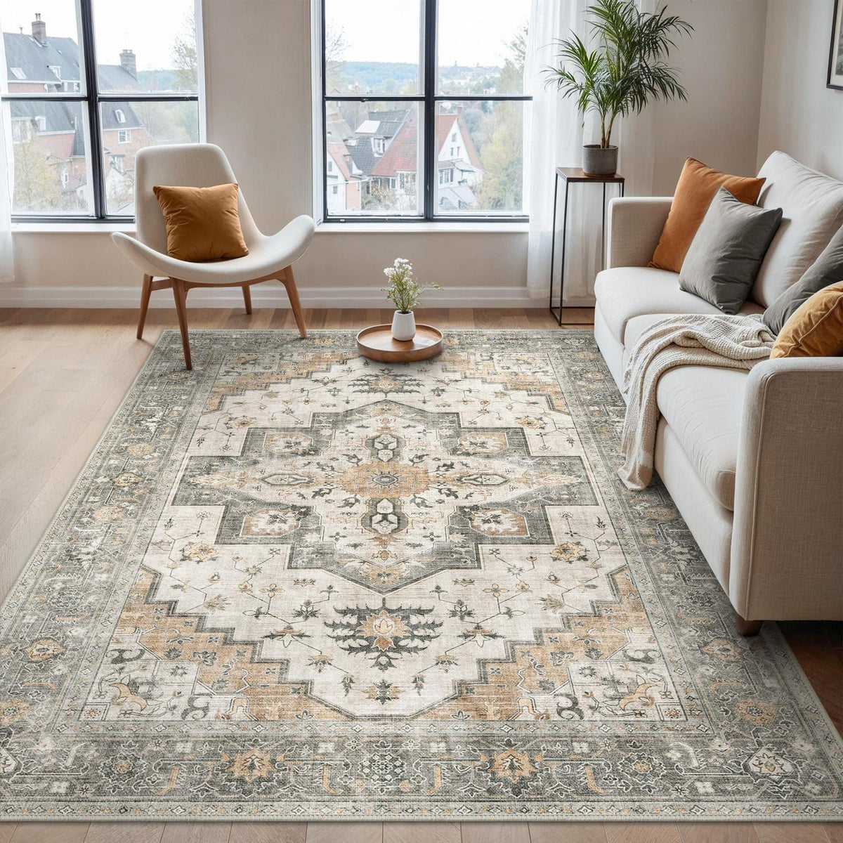 Vintage Teppich Wohnzimmer 300x400cm Taupe – Waschbar & Rutschfest
