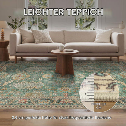 Vintage Teppich Grün 200x290cm – Waschbar & Rutschfest
