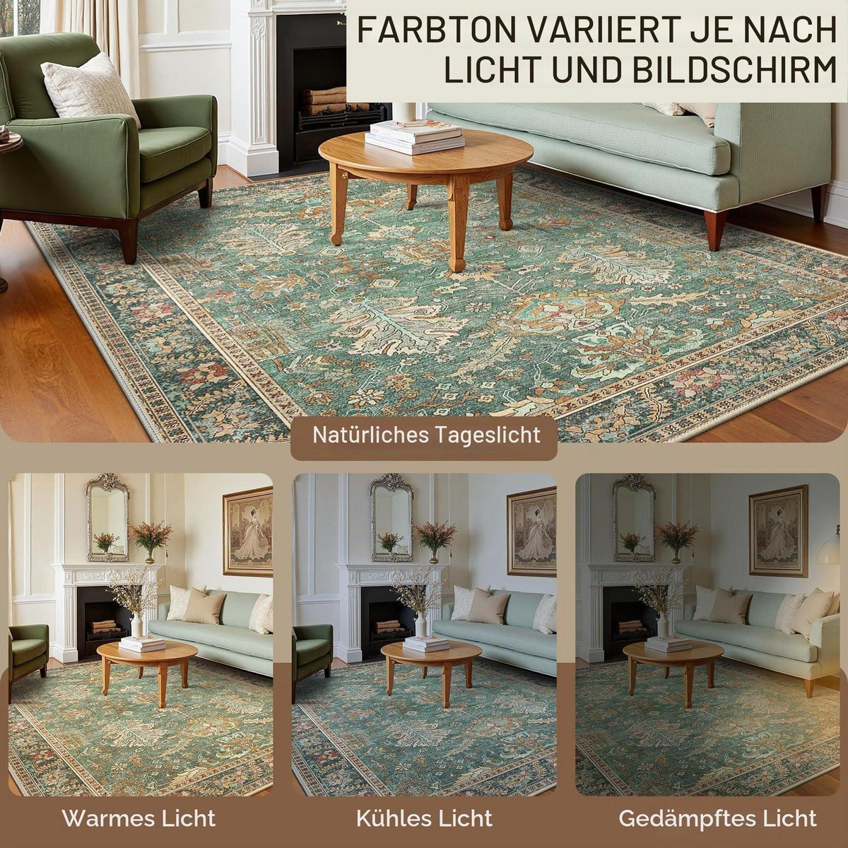 Vintage Teppich Grün 200x290cm – Waschbar & Rutschfest
