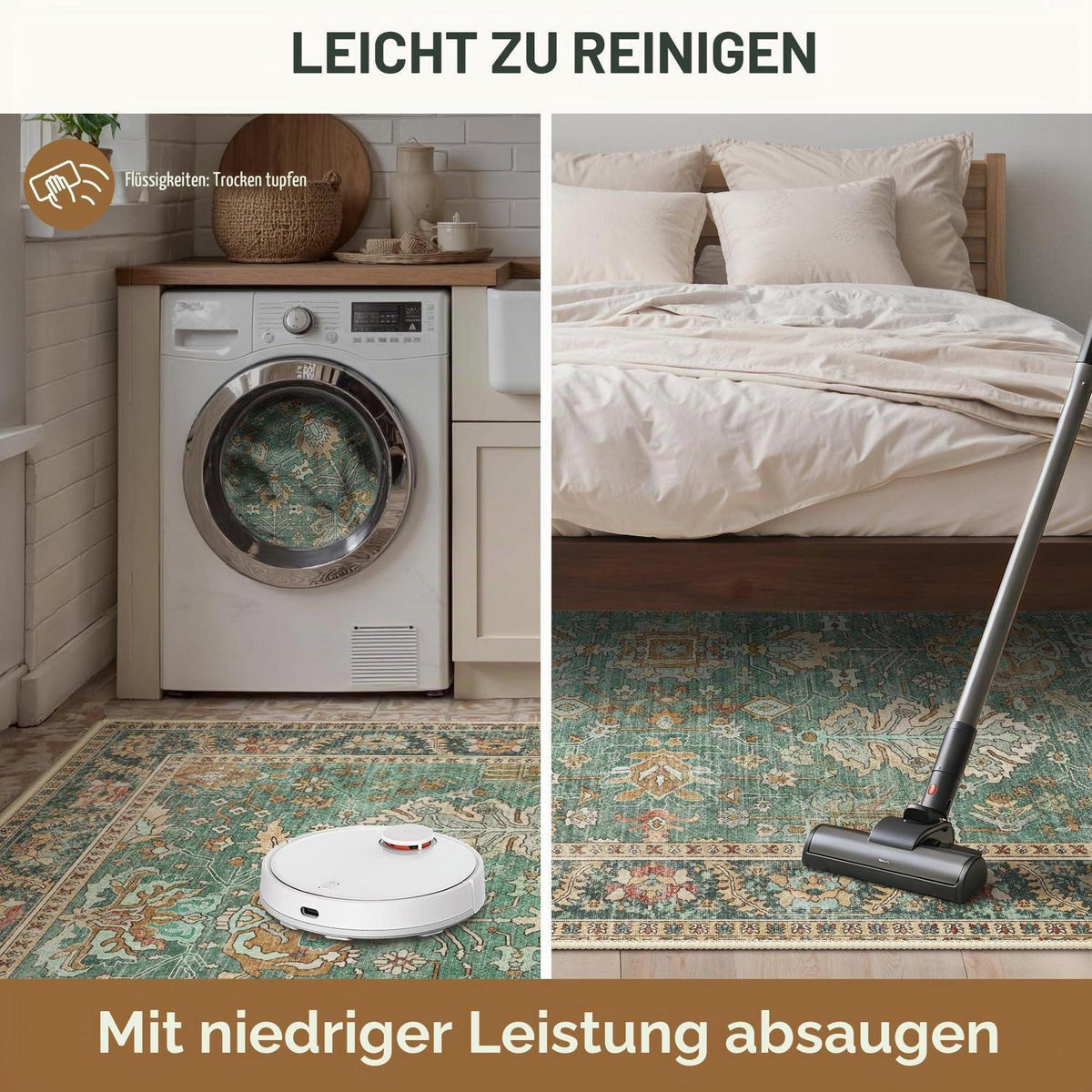 Vintage Teppich Grün 160x230cm – Waschbar & Rutschfest