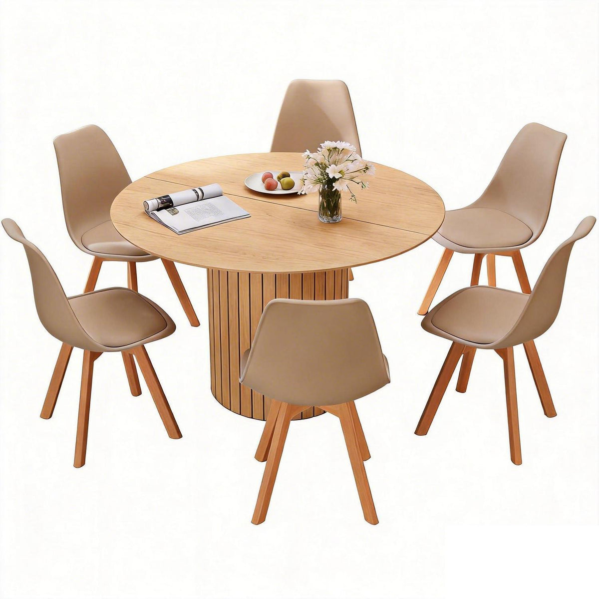 Runder Esstisch 120cm + 6 Stühle – Hellbraun & Khaki