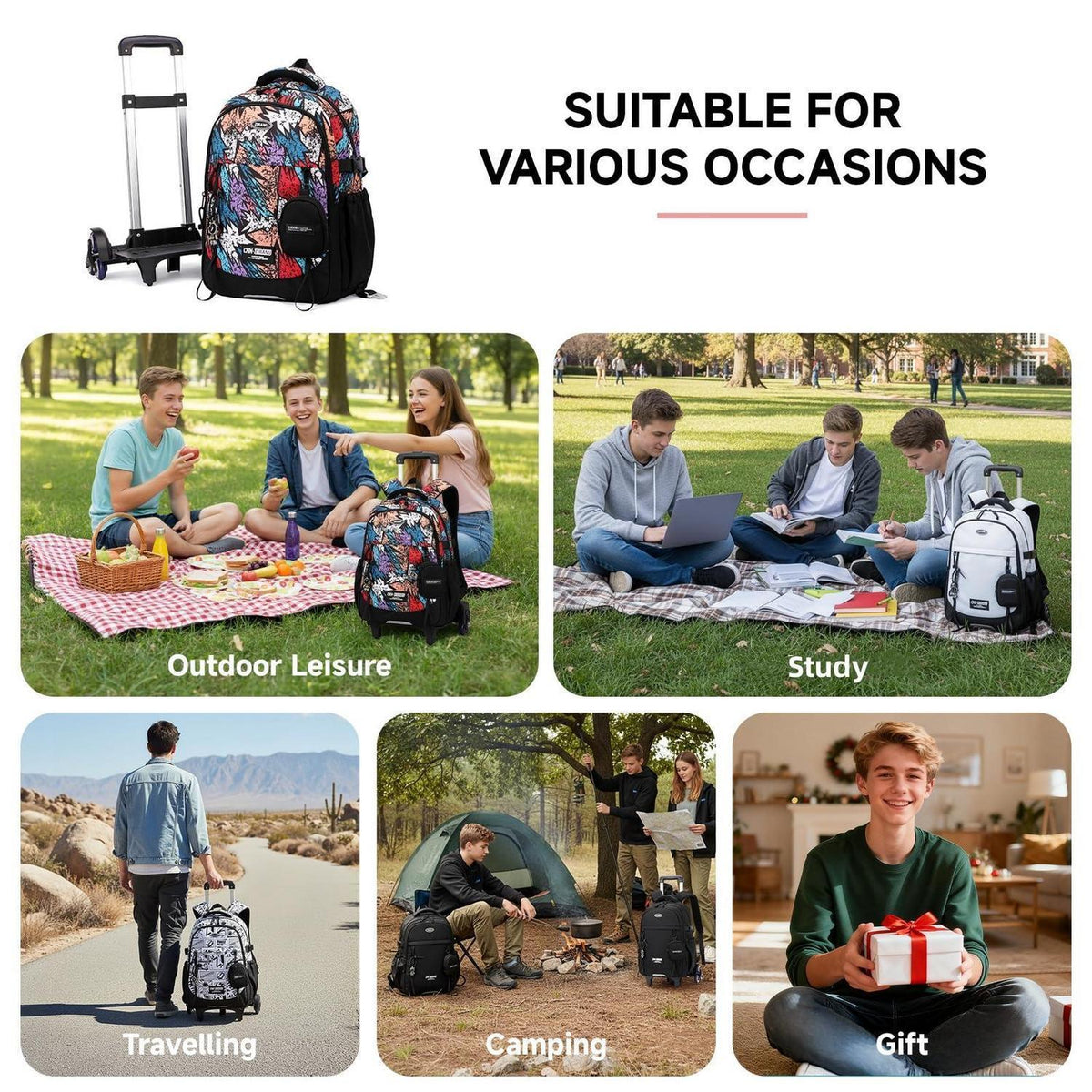 Schulrucksack mit Rollen für Jungen – Abnehmbarer Trolley & 6 Räder