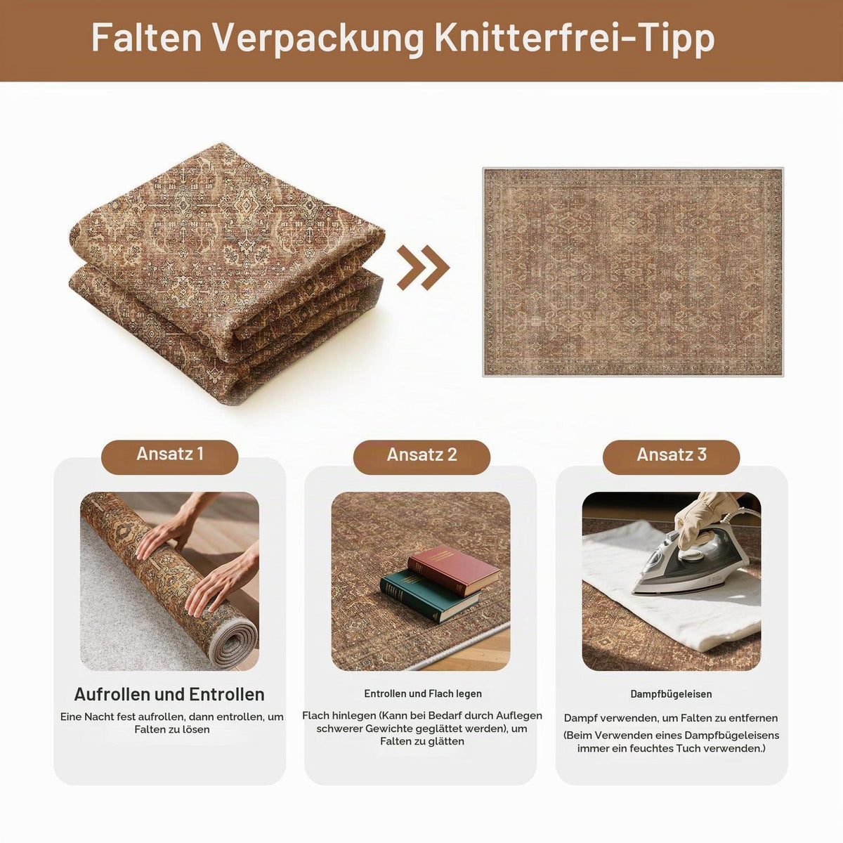 Vintage Läufer Teppich 80x300 cm Rotbraun Waschbar
