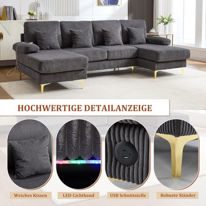4-Sitzer Samt U-Sofa mit Massivholzrahmen (Grau)