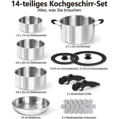 14-teiliges Edelstahl Topfset mit abnehmbaren Griffen
