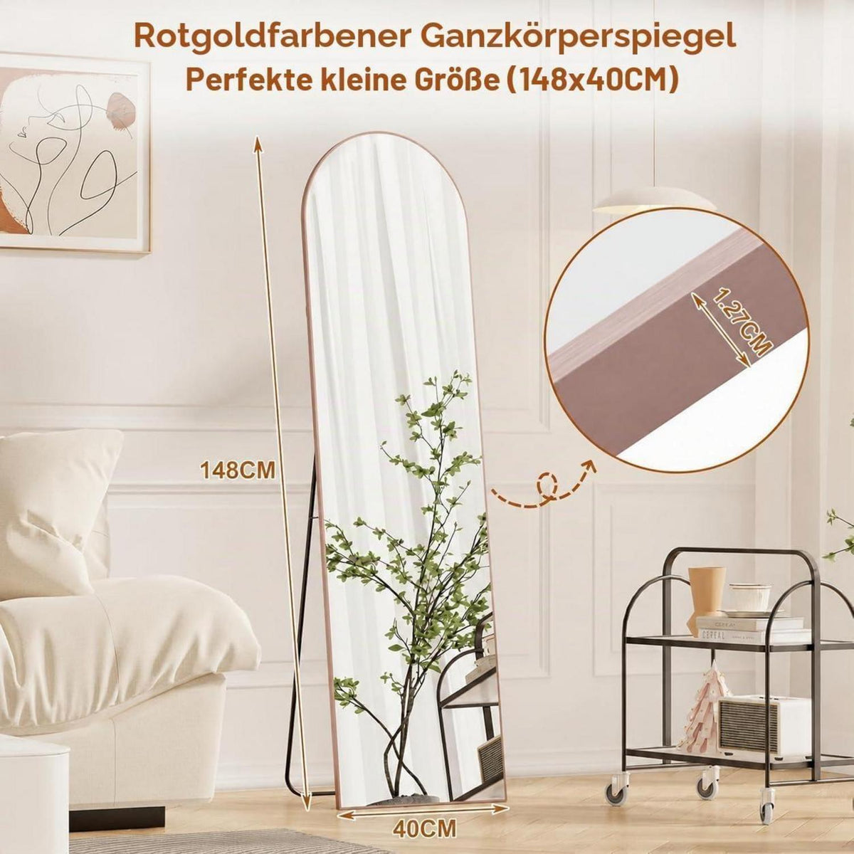 Großer Ganzkörperspiegel 148x40cm, Roségold, Stand- & Wandspiegel