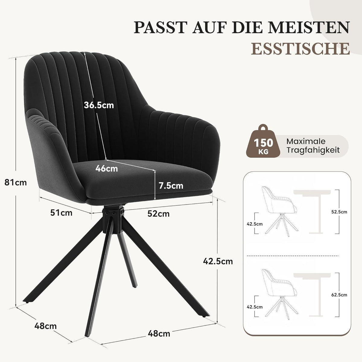 Drehbarer Esszimmerstuhl mit Armlehne, Schwarz