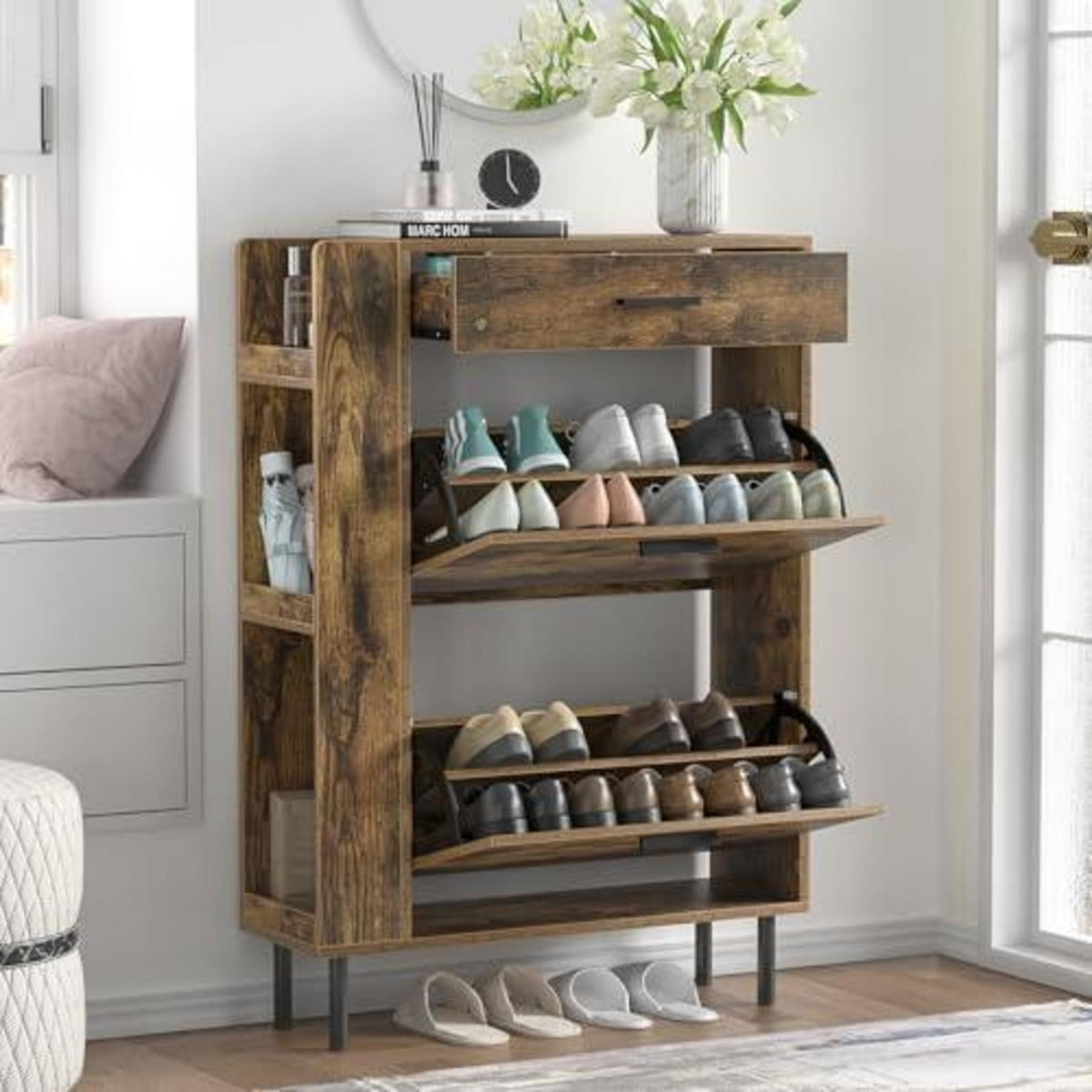 Schuhschrank mit Klapptüren & Schubladen – Holz Schuhkipper Retrobraun