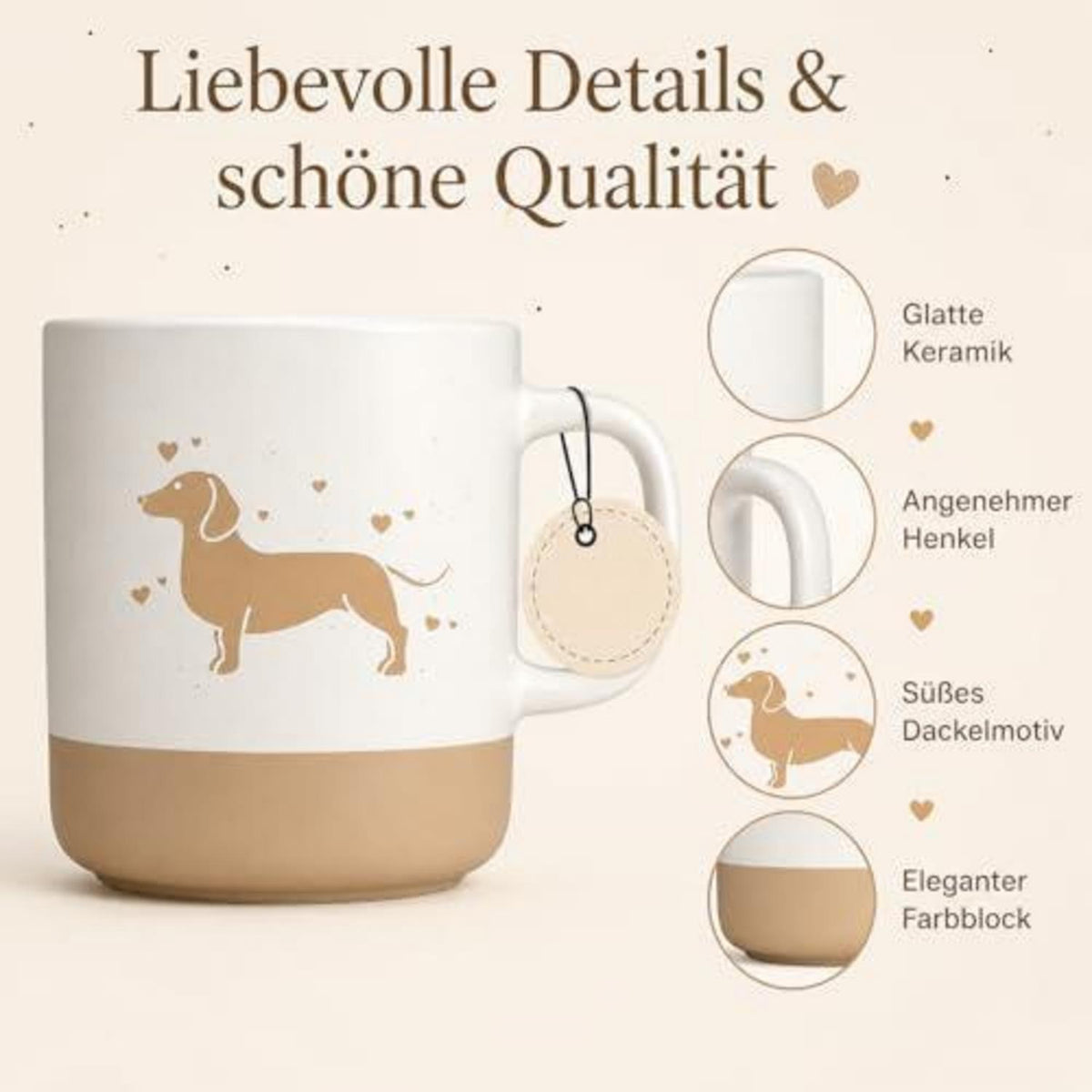 Dackel Tasse – Keramik Kaffeebecher 360ml – Spülmaschinenfest & Mikrowellengeeignet