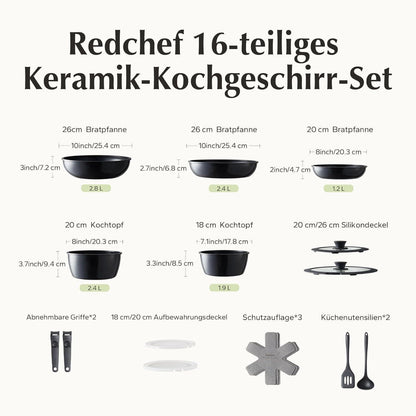 16-teiliges Topfset mit abnehmbaren Griffen – Antihaft-Keramik