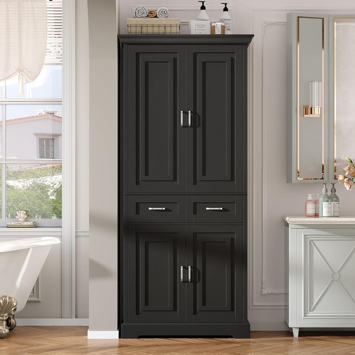 Hochschrank mit 4 Türen & Schublade – Küchenbuffet 180cm Schwarz