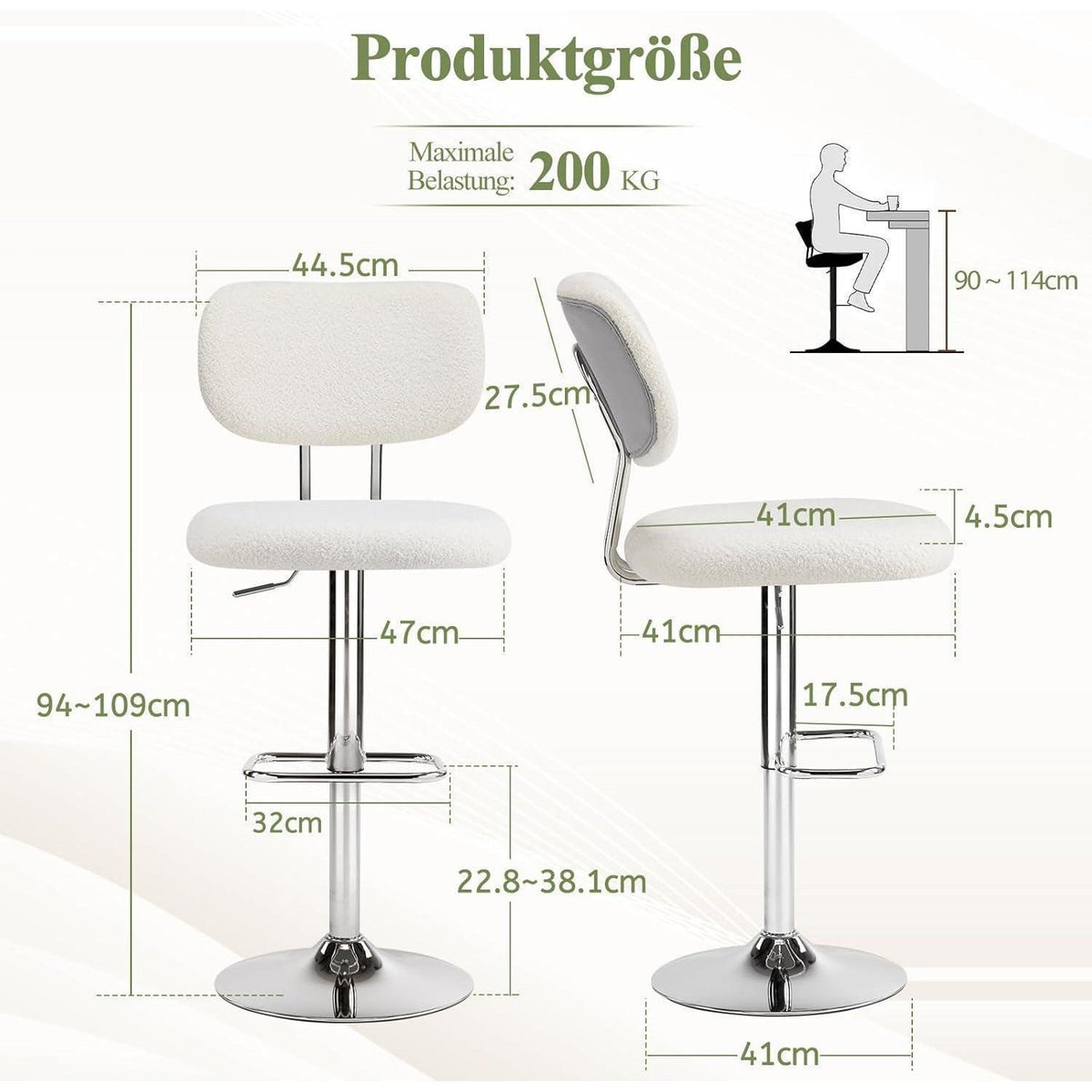 Barhocker Set 2 Grau, Höhenverstellbar & 360° Drehbar