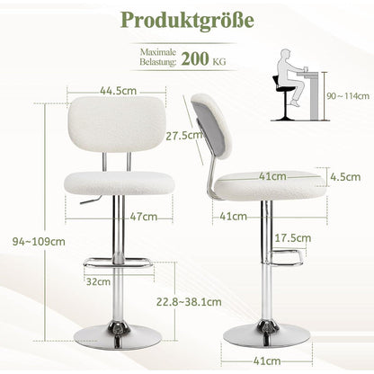 Barhocker Set 2 Grau, Höhenverstellbar & 360° Drehbar
