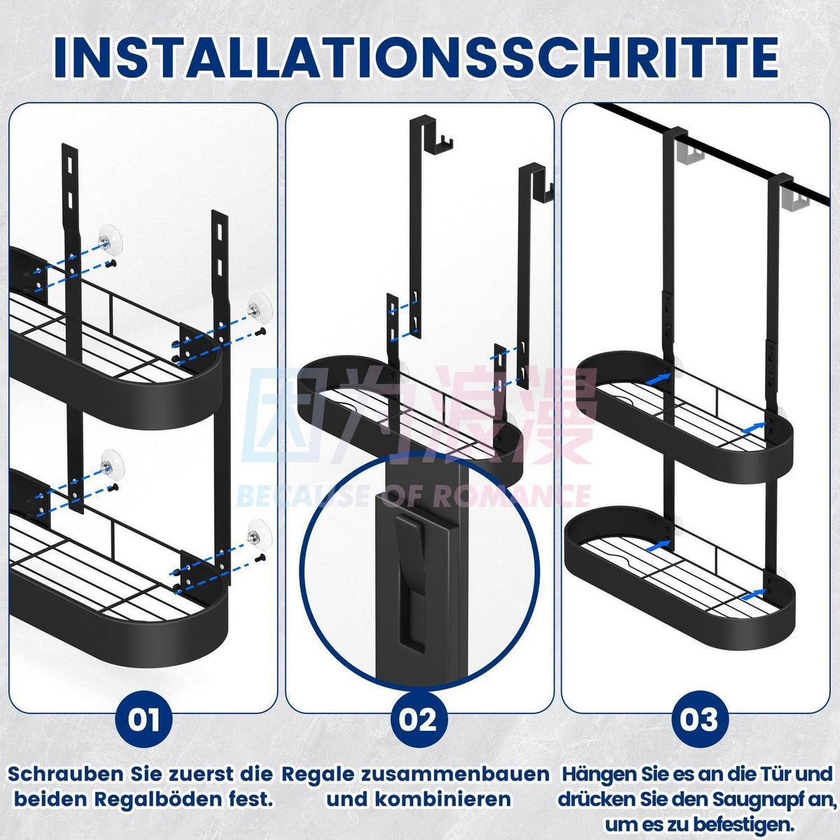 Hängendes Duschregal ohne Bohren – Schwarz mit 4 Haken