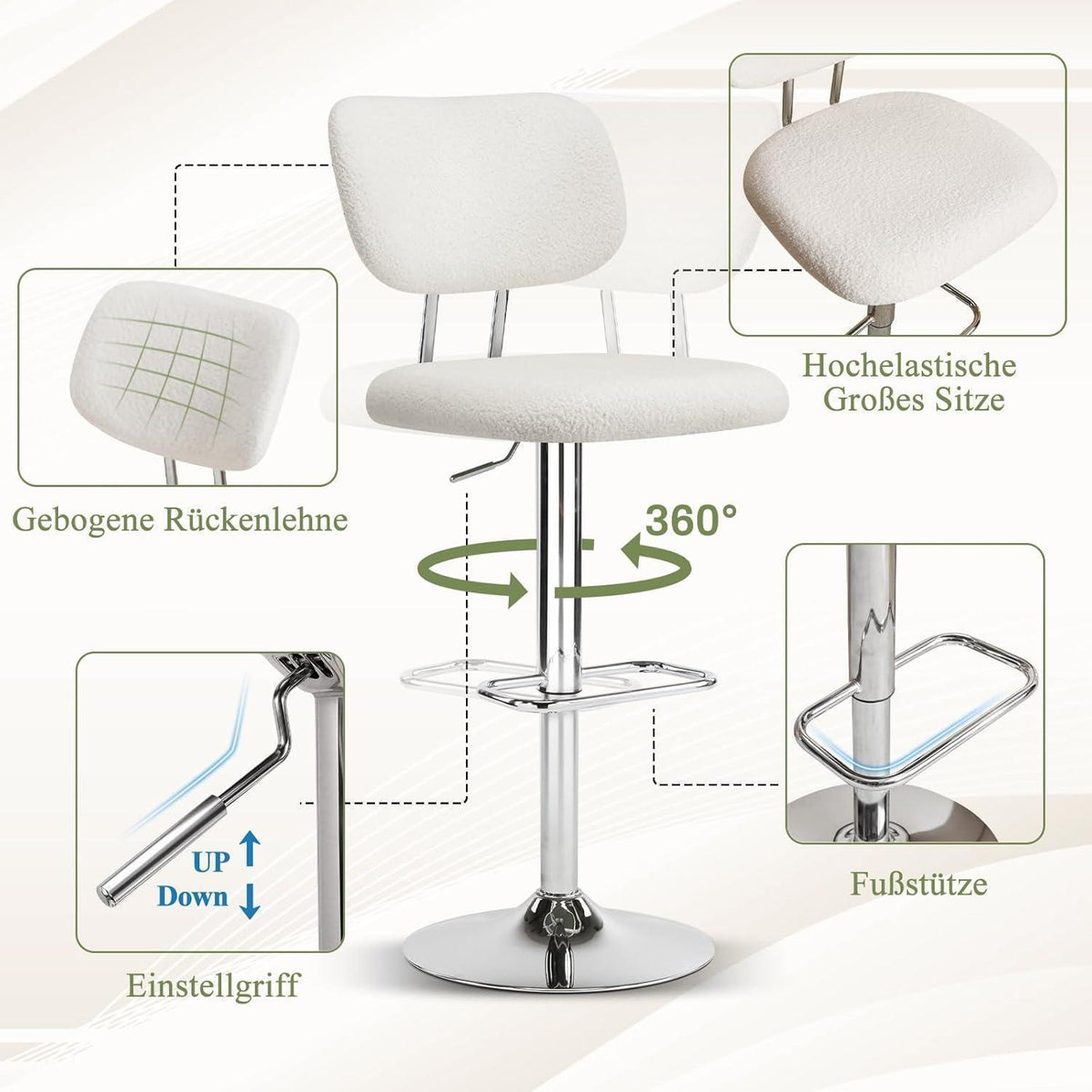 Barhocker Set 4er Grau, Höhenverstellbar & 360° Drehbar