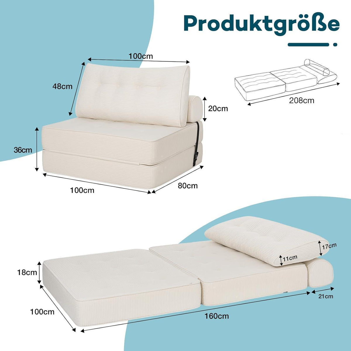 Faltbares Schlafsofa 3-in-1 – Schlafsessel & Sitzsack Beige