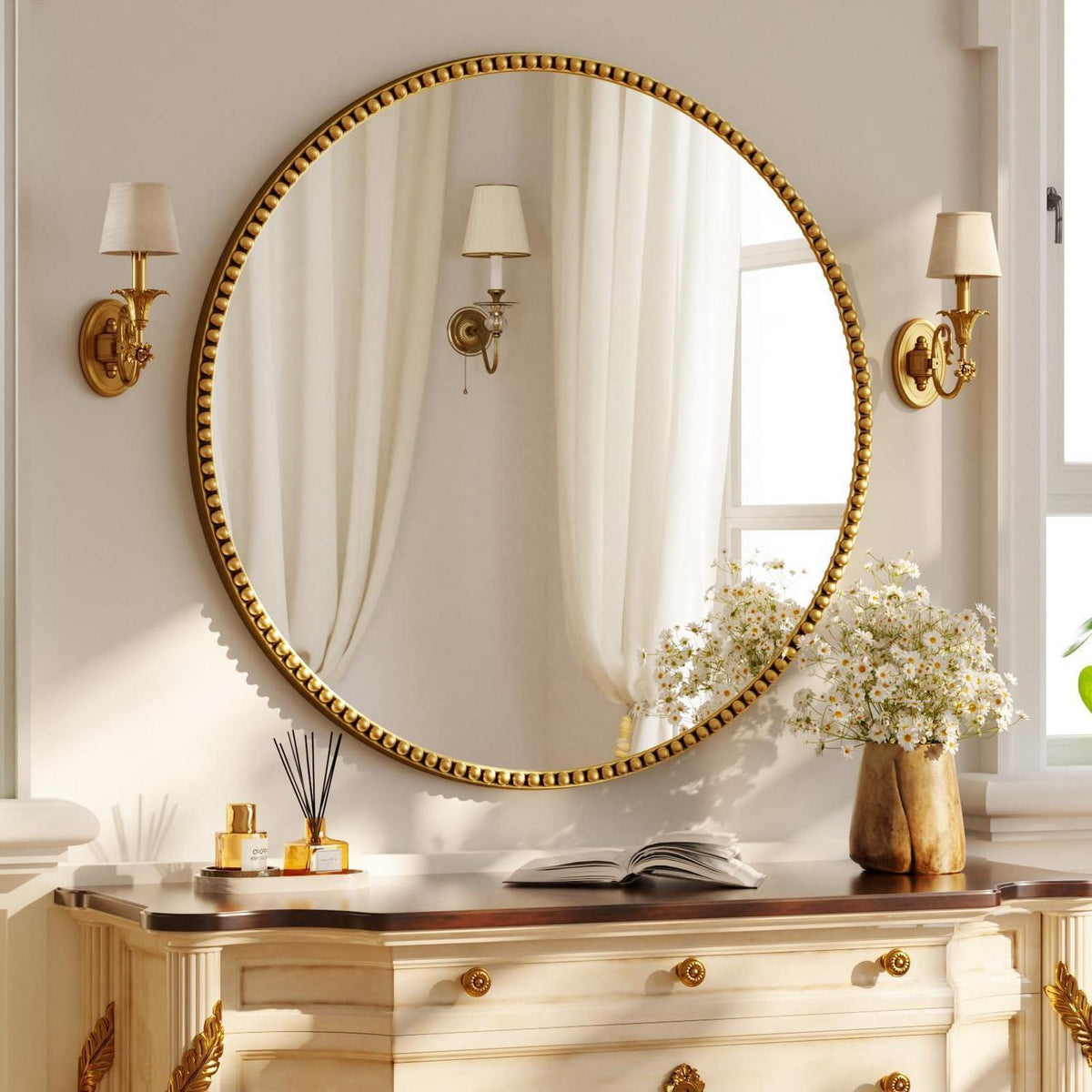 Runder Wandspiegel 80cm mit Gold PU Perlenrahmen – Retro Deko Spiegel