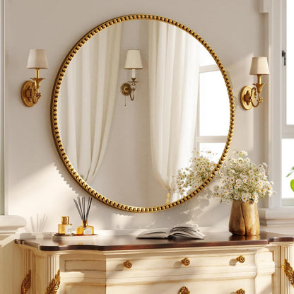 Runder Wandspiegel 80cm mit Gold PU Perlenrahmen – Retro Deko Spiegel