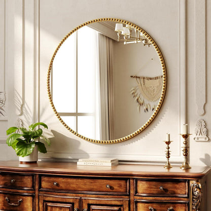 Runder Wandspiegel 70cm Gold – Retro Badezimmer Spiegel mit PU Perlenrahmen