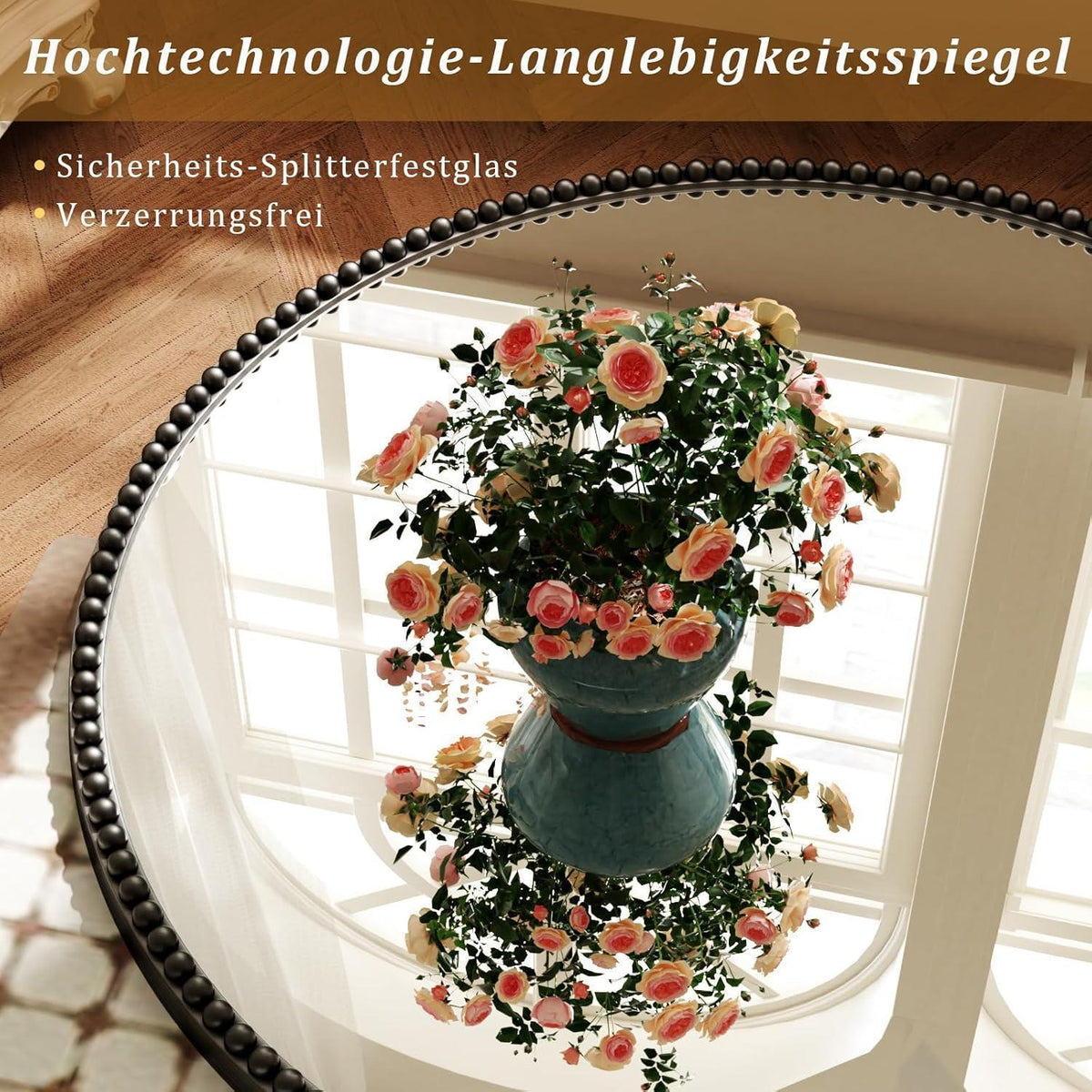 Runder Wandspiegel 90cm mit PU-Perlenrahmen Schwarz