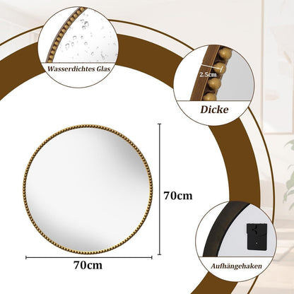 Runder Wandspiegel 70cm PU Perlenrahmen Braun Retro Badspiegel
