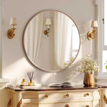 Runder Wandspiegel 70cm mit PU-Perlenrahmen in Silber – Retro Design