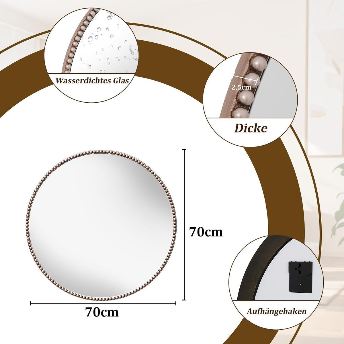 Runder Wandspiegel 70cm mit PU-Perlenrahmen in Silber – Retro Design