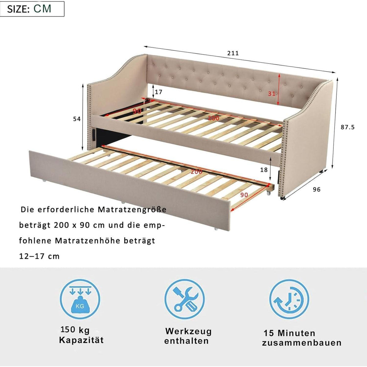 Ausziehbares Schlafsofa 90/180x200 cm – 2-Sitzer Gästebett
