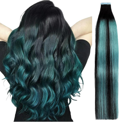 Remy Haarverlängerung Balayage Ombré Schwarz-Petrolgrün 45cm