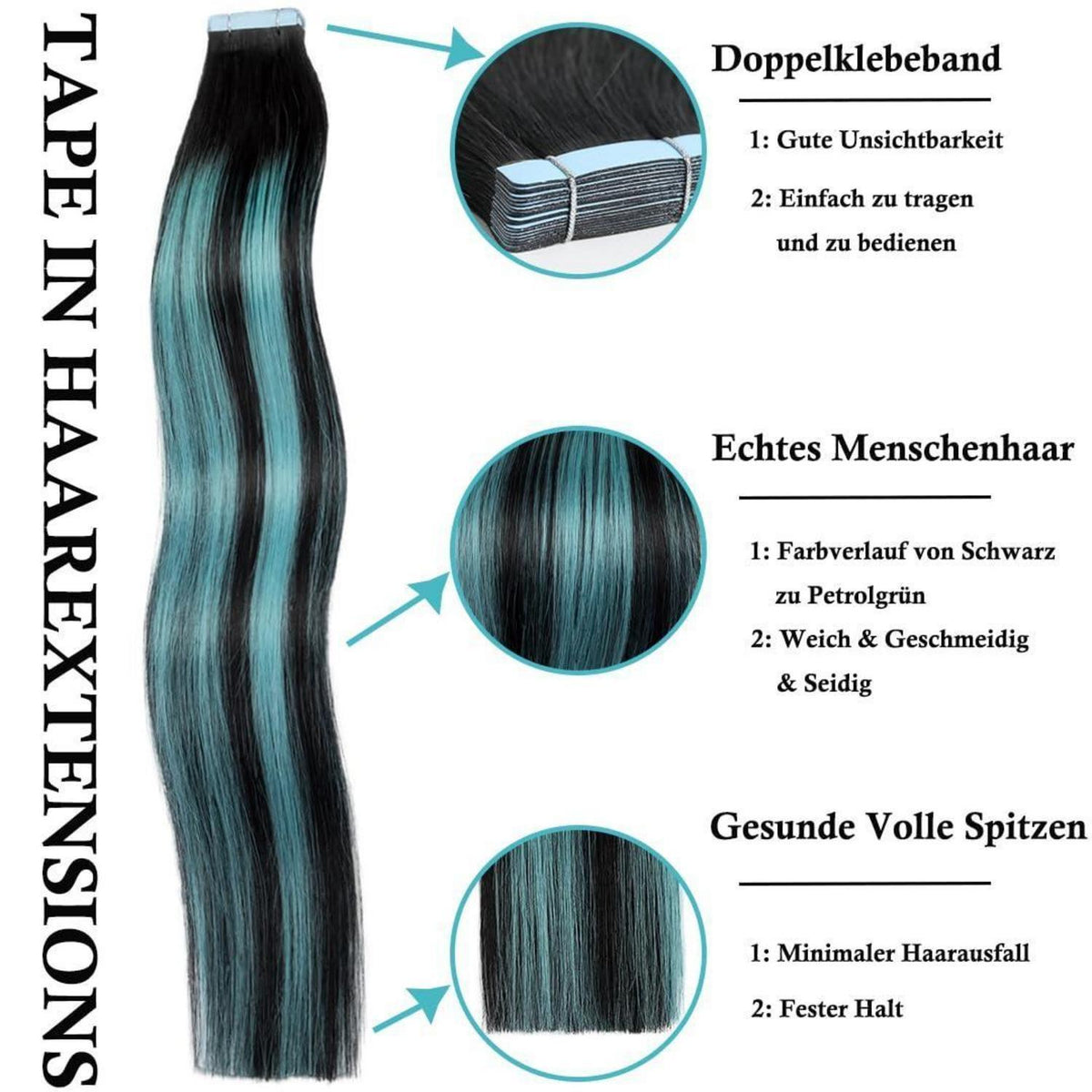 Remy Haarverlängerung Balayage Ombré Schwarz-Petrolgrün 45cm