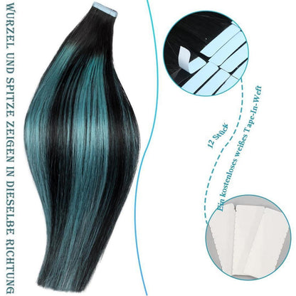 Remy Haarverlängerung Balayage Ombré Schwarz-Petrolgrün 45cm